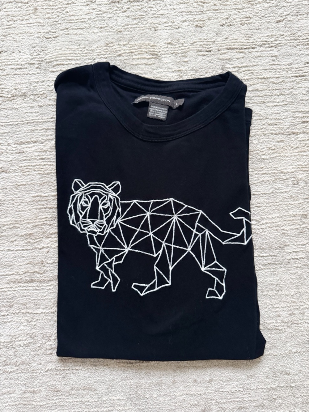 French Connection Black Tee with White Embroidery (Size Large)
